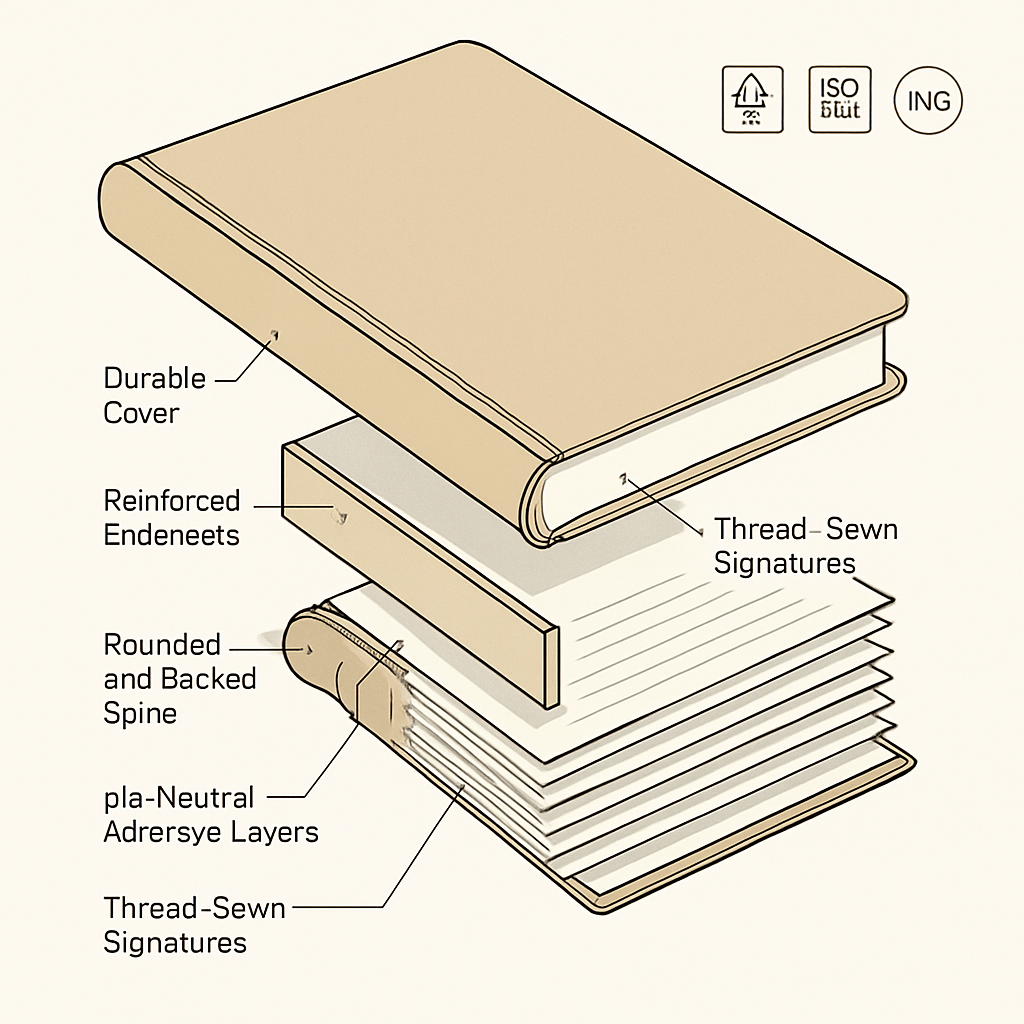 Anatomy of a Durable Journal Exploded-view infographic of a durable hardcover journal showing thread-sewn signatures, rounded backed spine, pH-neutral adhesive layers, reinforced endsheets, and a sturdy cover with FSC, ISO 9706, and LWG badges.