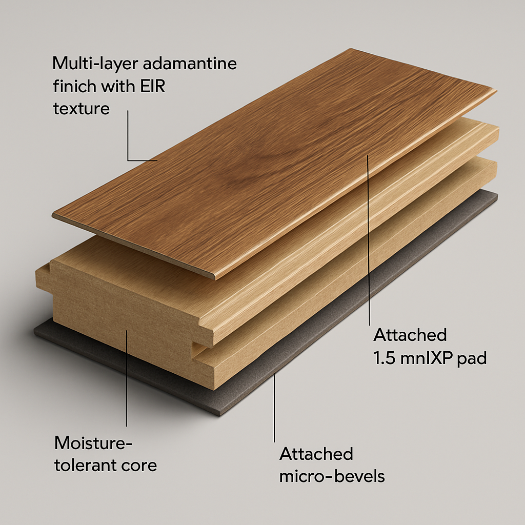 Exploded 3D view of a Bravewood hybrid hardwood plank with multi-layer Adamantine finish and EIR texture, 4-sided micro-bevels, moisture-tolerant core, and 1.5 mm IXPE pad labeled.