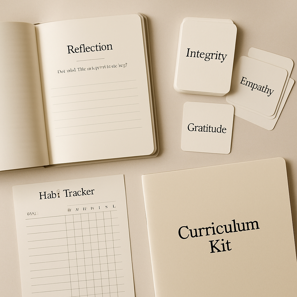 Flat‑lay photo of Bravewood tools: open journal with reflection prompt, values cards, one‑page habit tracker, and a Curriculum Kit folder.