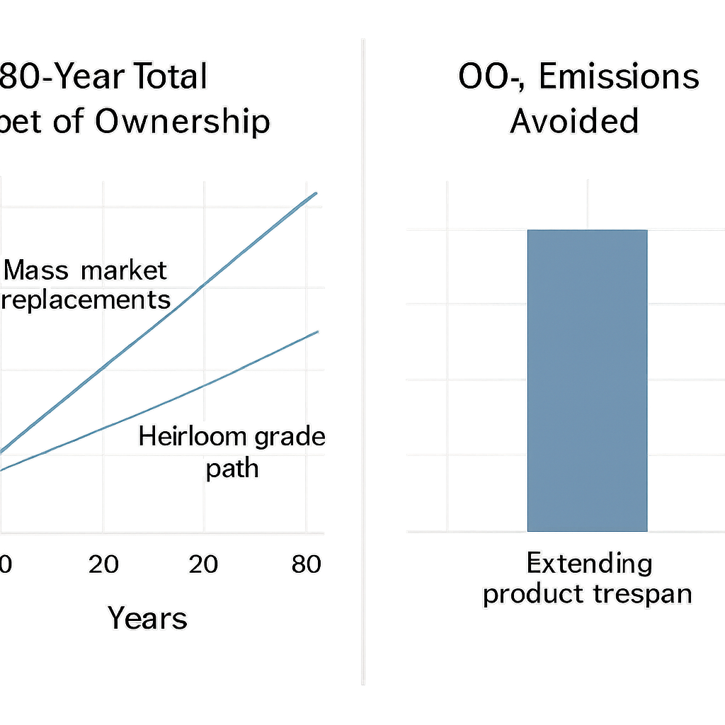Split-panel charts comparing 30-year total cost of ownership (buy once vs replace often) and CO2e emissions avoided by extending product lifespan.