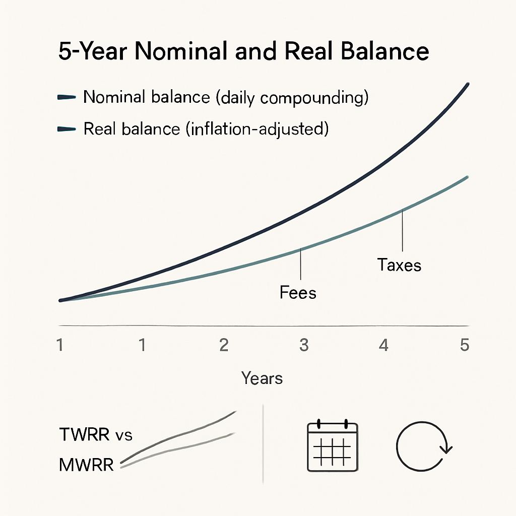 Compounding vs Inflation: Net Results That Matter Line chart of 5‑year nominal (daily compounding) vs real (inflation‑adjusted) balances with fees and taxes callouts; insets show TWRR vs MWRR and compounding frequency icons