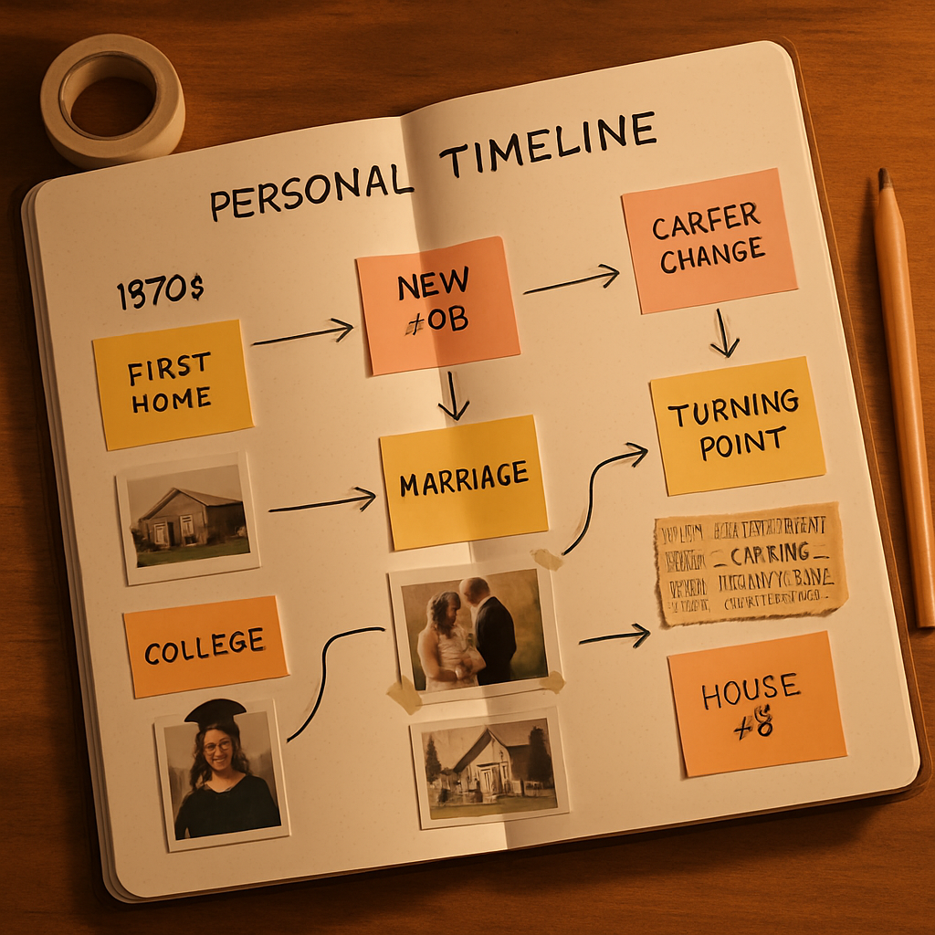 Craft Your Chronicle Timeline Overhead photo of a personal timeline spread in an open journal with decades, sticky notes for homes/jobs/turning points, taped photos and ticket stubs, and arrows linking short scenes; pencil and washi tape nearby.