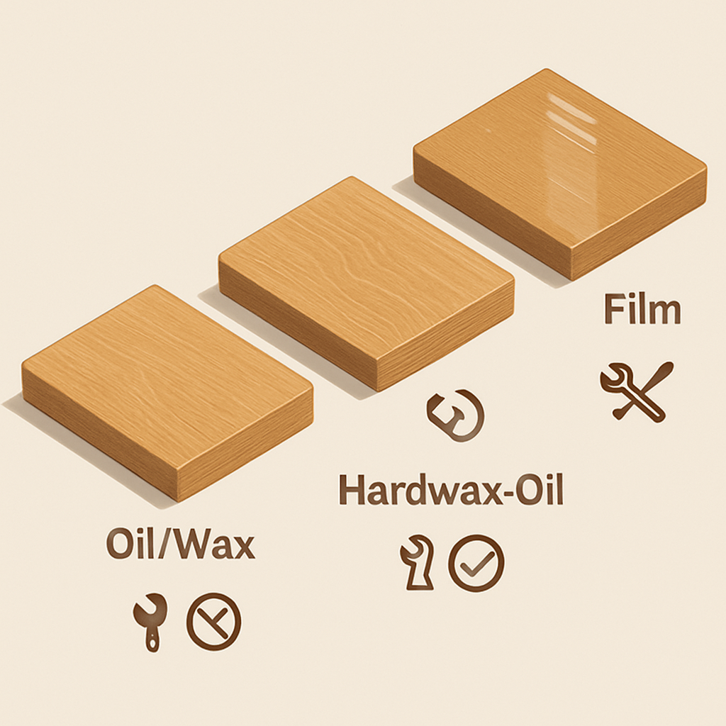 Finish Families Compared Infographic comparing finish families—Oil/Wax, Hardwax‑Oil, and Film—showing sheen, micro‑scratch patterns, and repairability and resistance icons