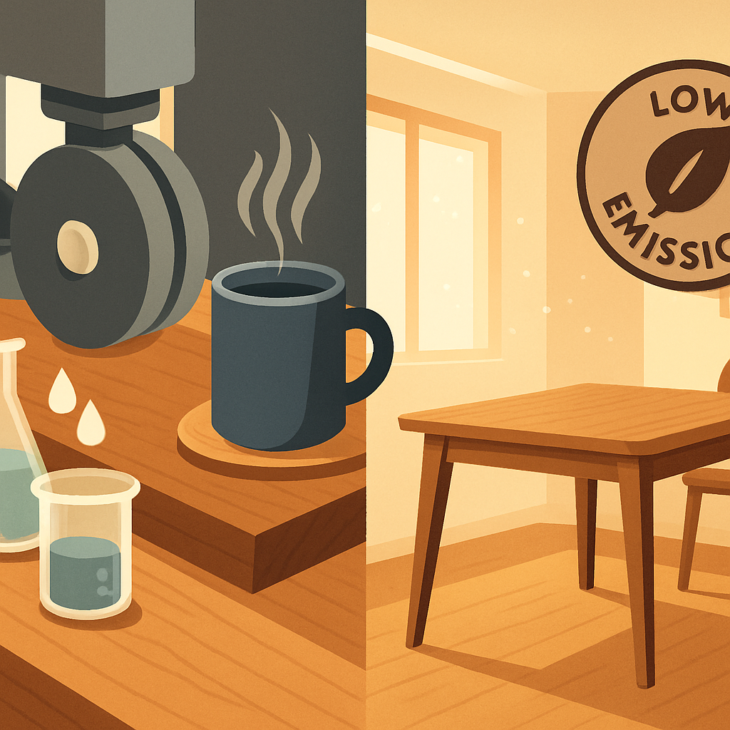 Finish Performance and Low-Emission Safety Split graphic: finish performance tests (Taber abrasion, household chemical resistance, heat/print resistance) alongside a low-emissions interior scene indicating clean indoor air.