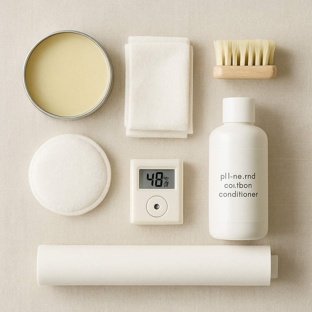 First‑year care kit essentials: microcrystalline wax, cloths, pH‑neutral leather conditioner, brush, applicator, hygrometer, UV film