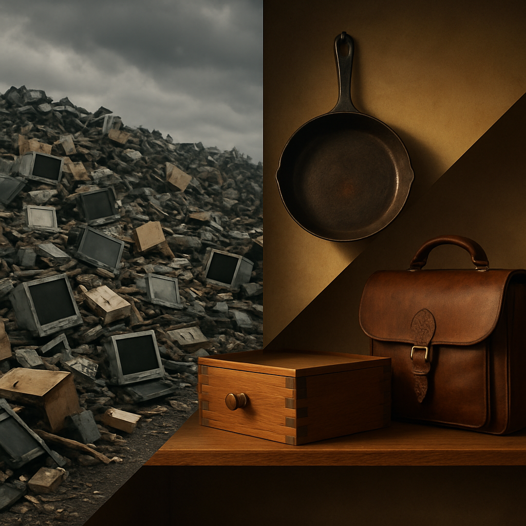 From E‑Waste to Heirlooms Split scene: e‑waste pile on left; on right, heirloom goods—cast‑iron pan, dovetailed hardwood drawer, full‑grain leather satchel.