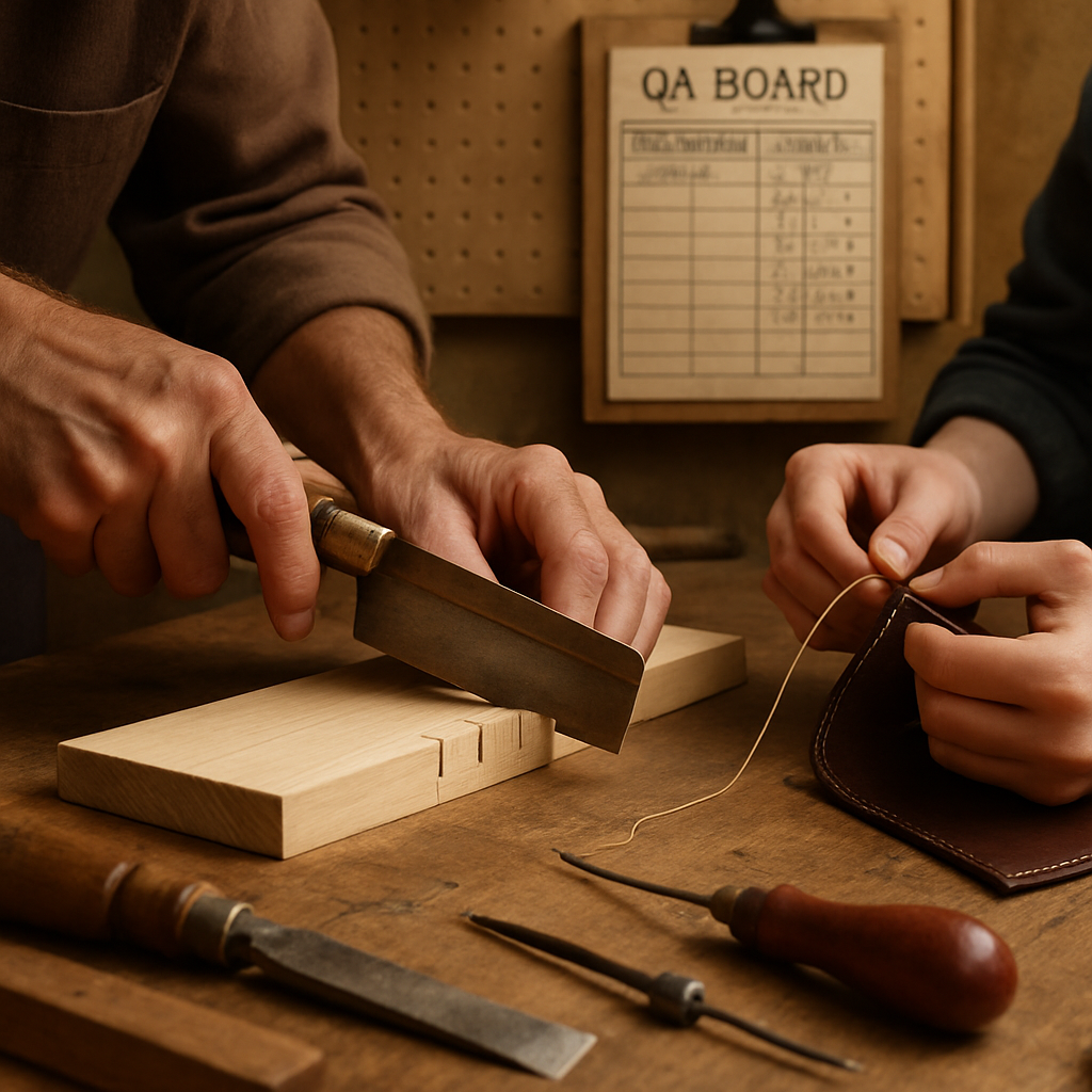 Generational Craft in Practice Master and apprentice at a bench cutting dovetails and saddle‑stitching leather; QA board shows tolerances and serial logs.