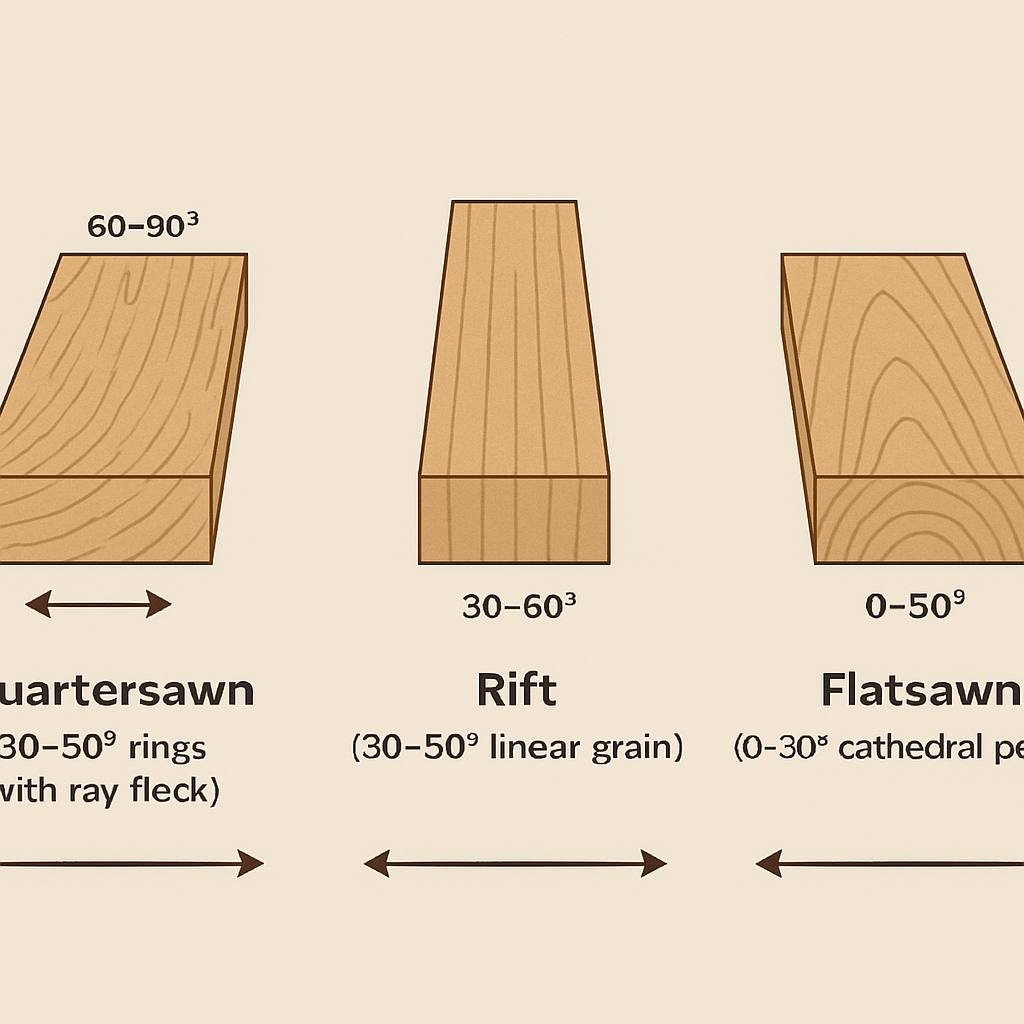 Grain Orientation 101: Quartersawn, Rift, Flatsawn Diagram comparing grain orientations: quartersawn with 60–90° rings and ray fleck, rift with 30–60° linear grain, and flatsawn with 0–30° cathedral pattern.