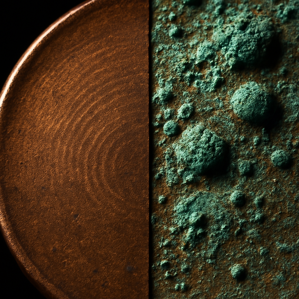 Healthy patina versus active corrosion on copper alloy, macro comparison