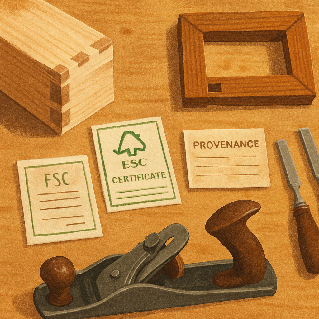 Woodworker’s bench illustration showing a dovetail corner, mortise-and-tenon sample, FSC certificate, provenance card, chisels, and hand plane to depict the heirloom-quality checklist.