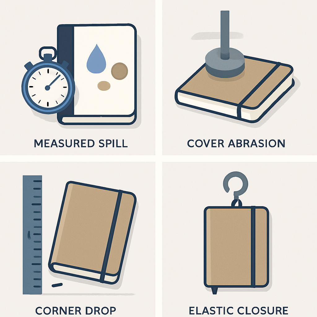Inside the Bravewood Lab Tests Four-panel infographic of Bravewood lab tests: water/coffee spill timing, cover abrasion rub, corner drop height, and elastic closure cycling on a gauge.