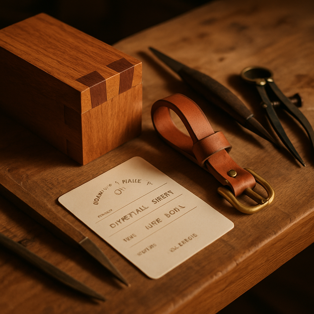 Heirloom Standard materials: dovetail joint, full‑grain leather strap, solid brass hardware with provenance card