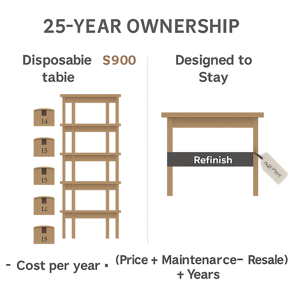 Investment Math: Cost per Year Comparison Infographic comparing five disposable $800 tables over 25 years versus one Designed to Stay table with a mid-life refinish and resale, illustrating the cost-per-year equation.
