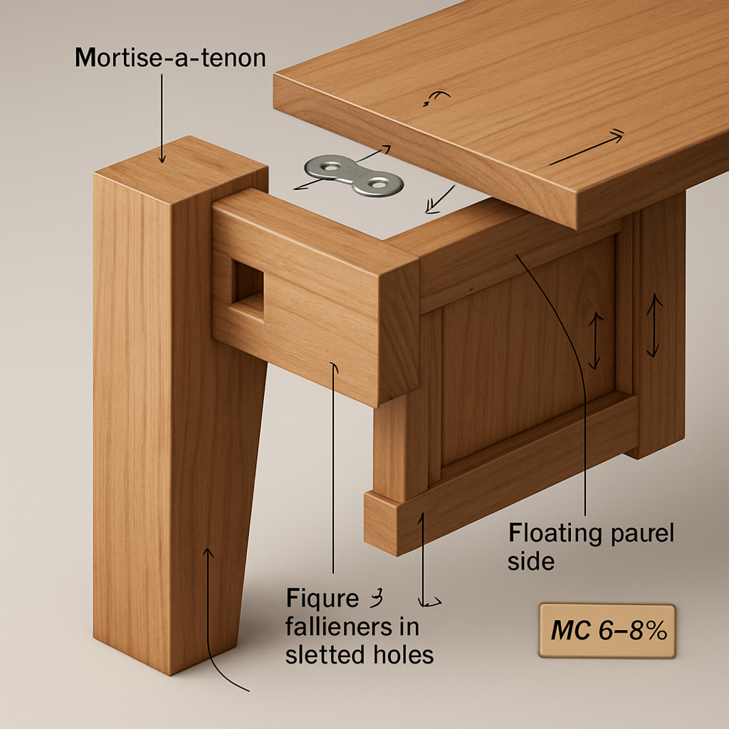 Joinery and Movement: Engineered to Last Exploded 3D render of a table corner showing mortise-and-tenon joinery, figure-8 tabletop fasteners in slotted holes, and a floating panel with expansion arrows (MC 6–8%).