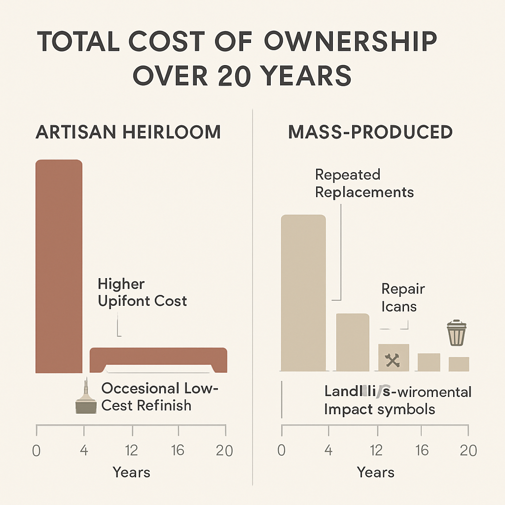 Side-by-side infographic of 20-year total cost of ownership: artisan heirloom with periodic low-cost refinish vs. mass-produced with repeated replacements and environmental impact.