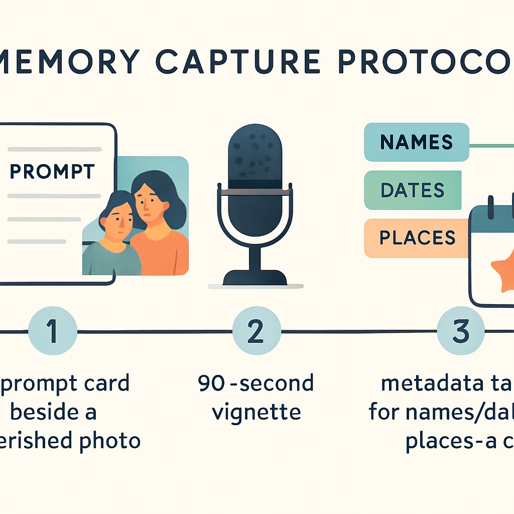Memory Capture Protocol Timeline Illustrated timeline of the Memory Capture Protocol: prompt and photo, 60–90 second audio, metadata tags, and a monthly engraving selection.