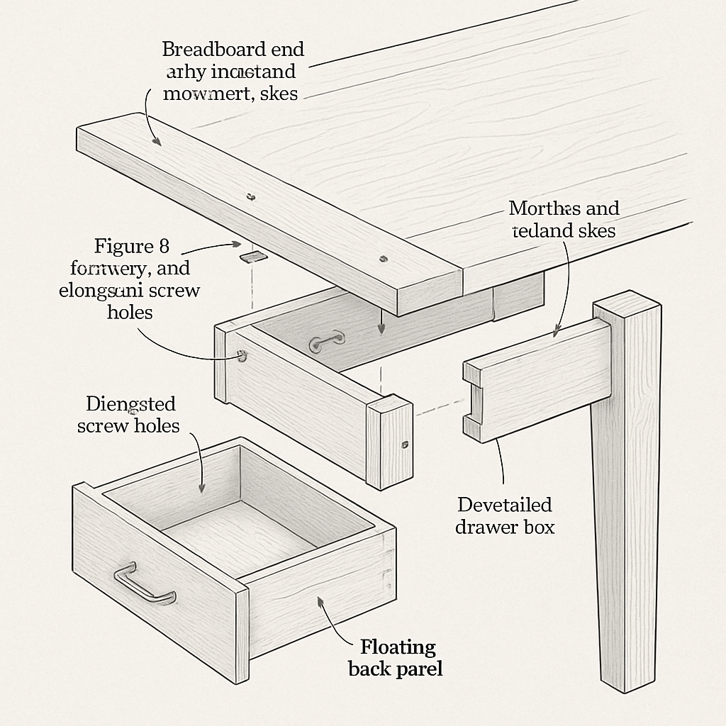 Movement-Conscious Joinery Details Exploded drawing showing movement-conscious joinery: breadboard end with concealed slots, figure-8 tabletop fasteners with elongated screw holes, mortise-and-tenon frame, dovetailed drawer, and a floating back panel.