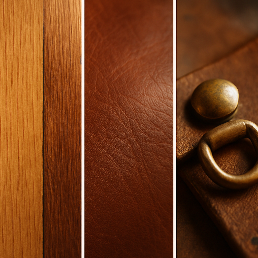 Patina Across Wood, Leather, and Metal Triptych showing patina evolution on wood, leather, and brass—from new to aged—in warm natural light