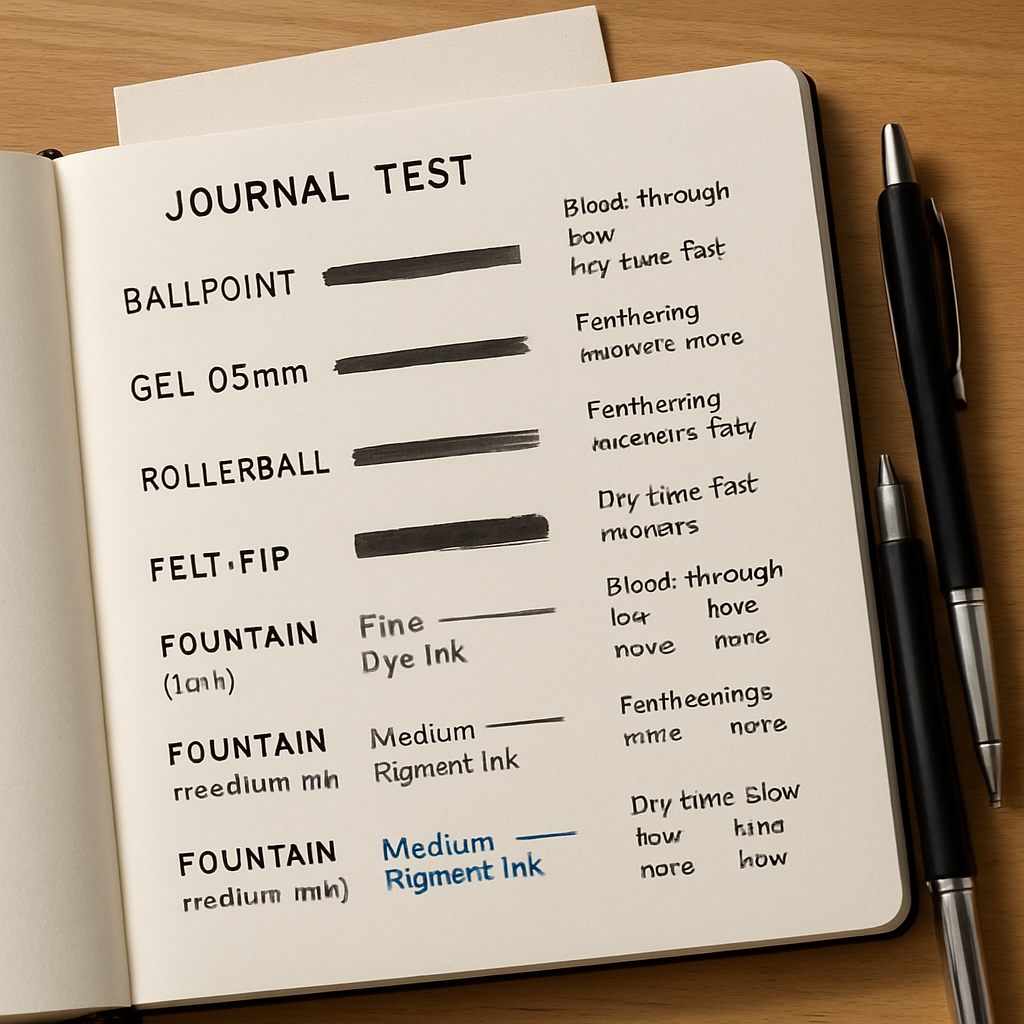 Pen Tests: Find Your Paper Match Top-down photo of an open journal test page with labeled pen swatches (ballpoint, gel 0.5 mm, rollerball, felt-tip, fountain pen fine/medium) and notes on bleed-through, ghosting, feathering, and dry times; blotter card and pens visible.