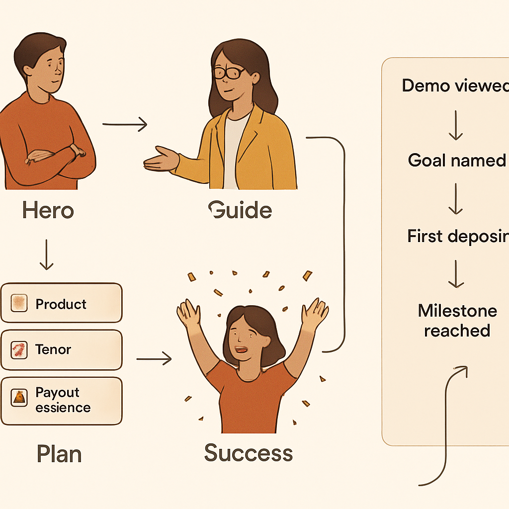 Flowchart: Hero → Guide → Plan (product, tenor, payout cadence) → Success; side ribbon shows demo → goal named → deposit → milestone