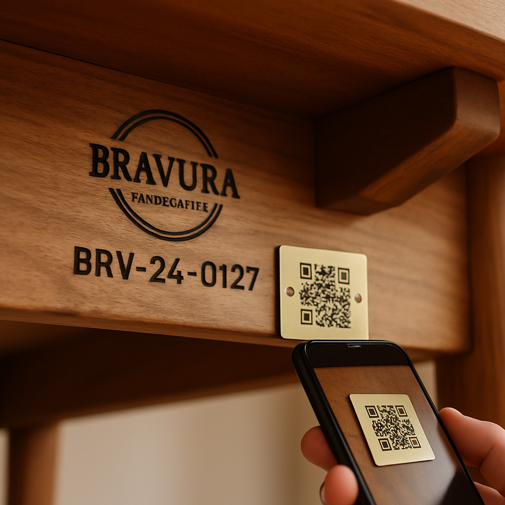 Underside of a hardwood table showing a burned maker’s mark, engraved serial BRV–24–0127, and a brass QR plate being scanned with a phone.
