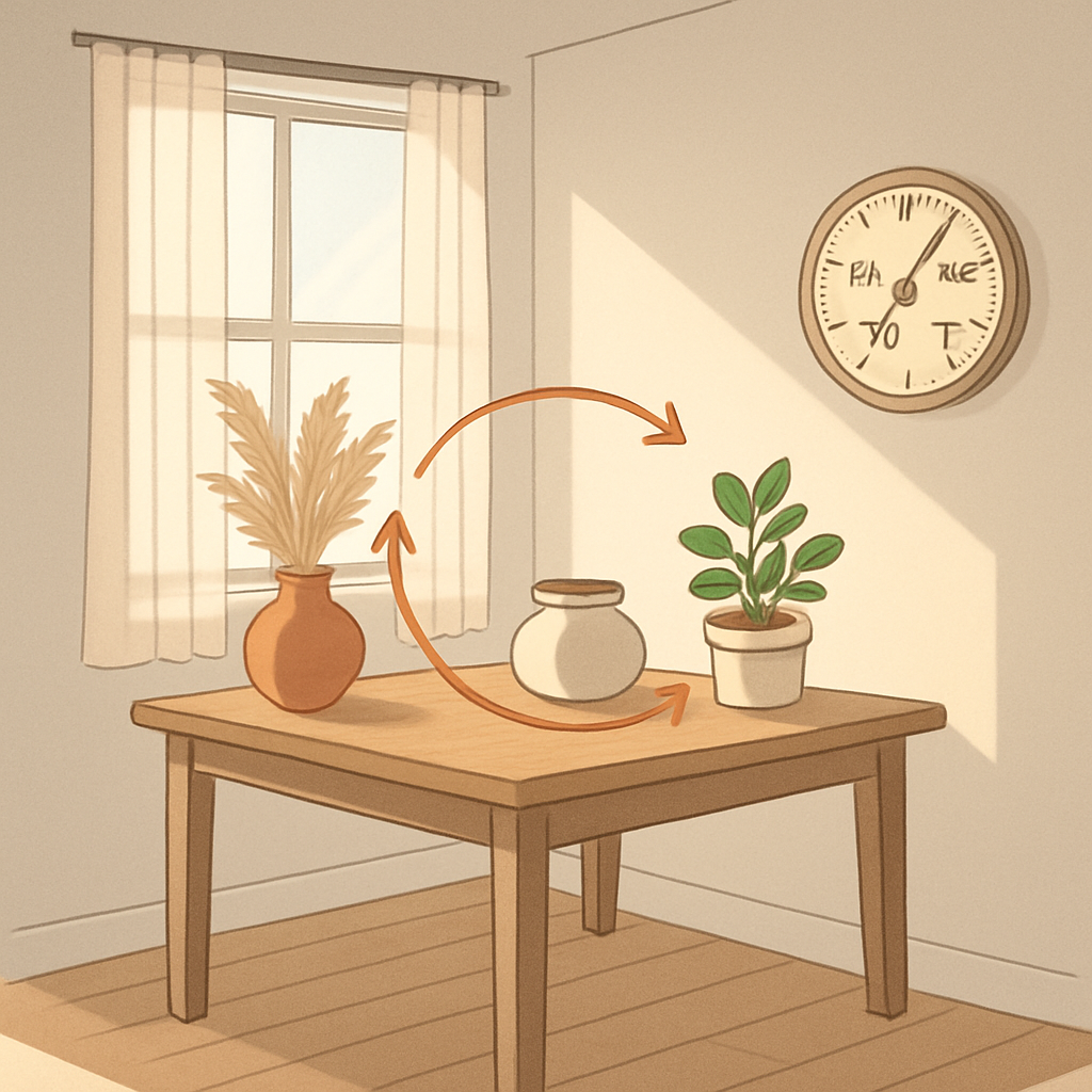Set the Environment for Longevity Illustration of ideal environment for wooden furniture: diffused sunlight, hygrometer at 45% RH and 70°F, and seasonal rotation of accessories