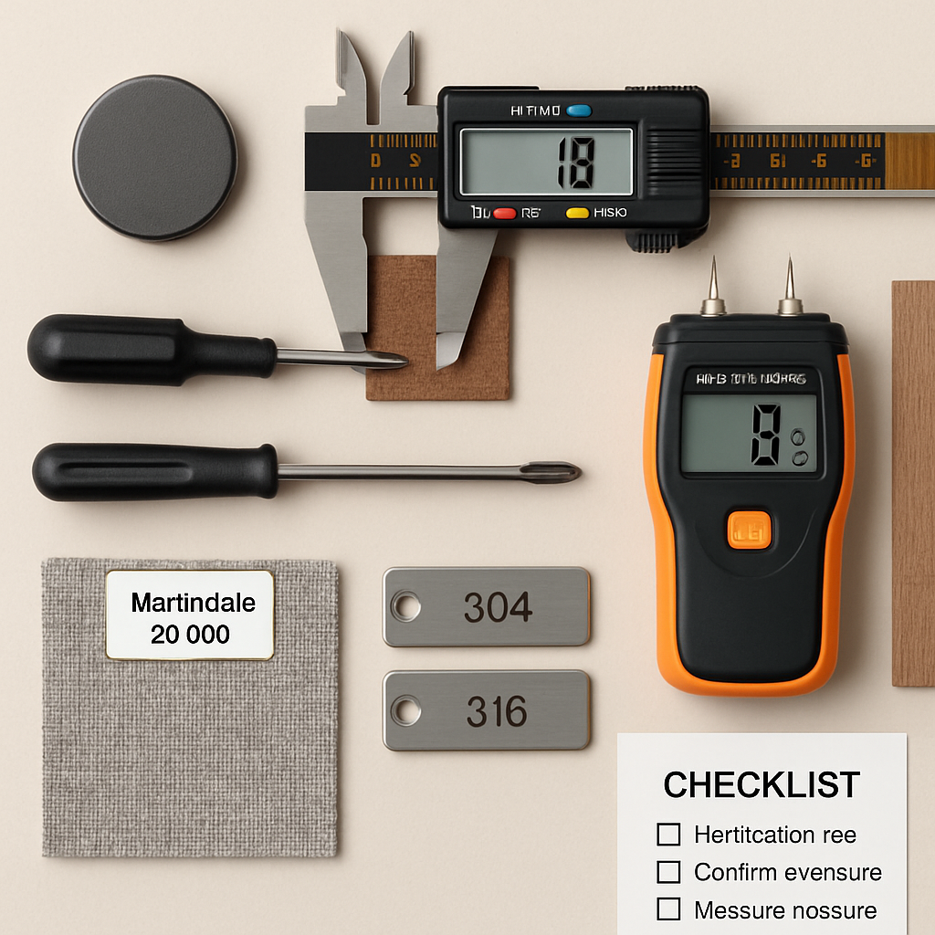 Simple Tools to Verify Specs at Home Flat‑lay toolkit for at‑home spec verification: magnet, calipers, moisture meter, drivers, Martindale swatch, 304/316 tags, checklist.