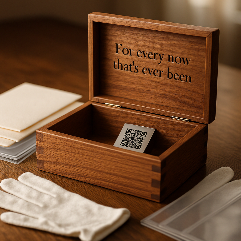 The Bravewood Companion, Unboxed The Bravewood Companion unboxed: engraved hardwood keepsake box open with discreet QR plaque and archival kit items (acid-free envelopes, photo sleeves, cotton gloves) in warm natural light.