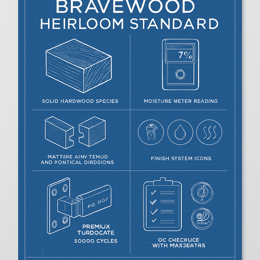The Bravewood Heirloom Standard Blueprint Blueprint-style infographic of the Bravewood Heirloom Standard with callouts for hardwood species, 7% moisture meter, mortise-and-tenon and dovetail diagrams, finish icons, hardware cycle ratings, and QC/FSC-PEFC stamps.