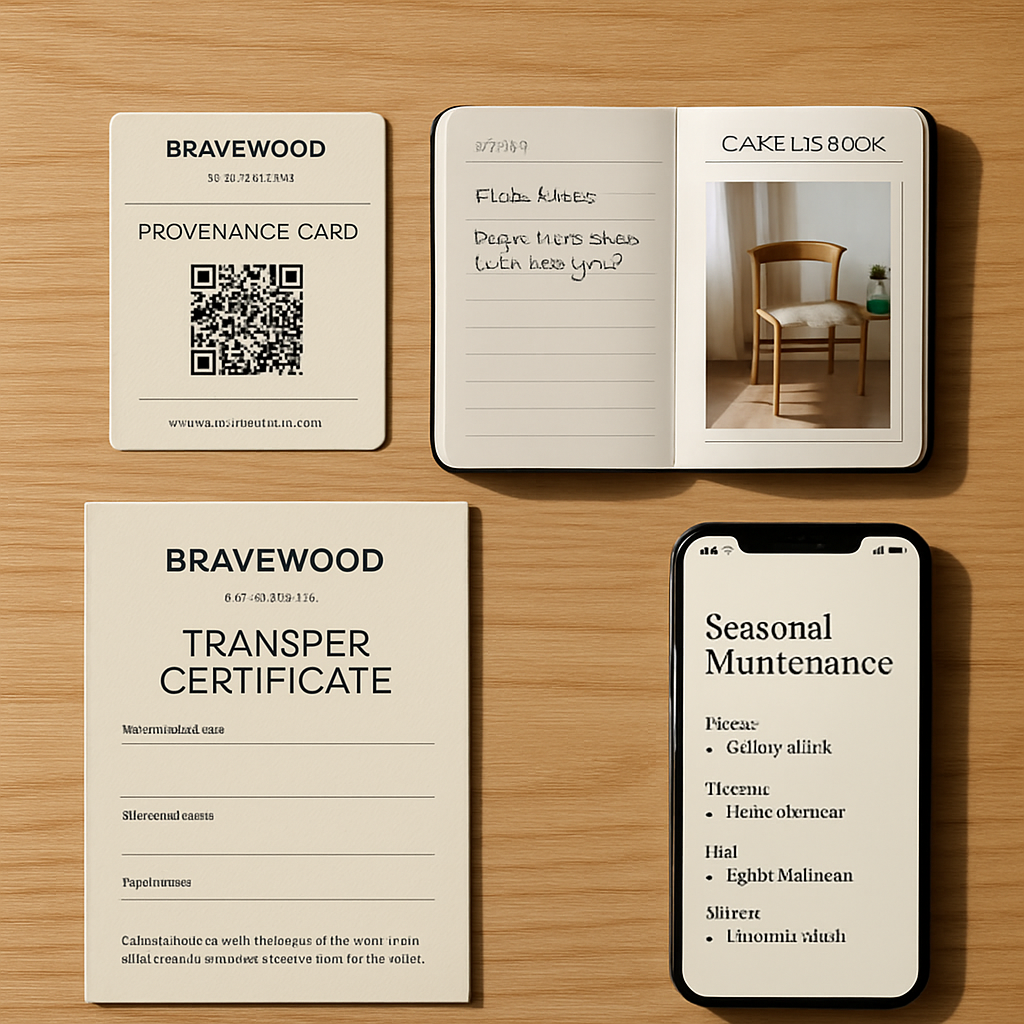 The Bravewood Ownership Toolkit Flat‑lay of the Bravewood Ownership Toolkit: provenance card with QR code, care logbook, transfer certificate, and smartphone with maintenance reminders