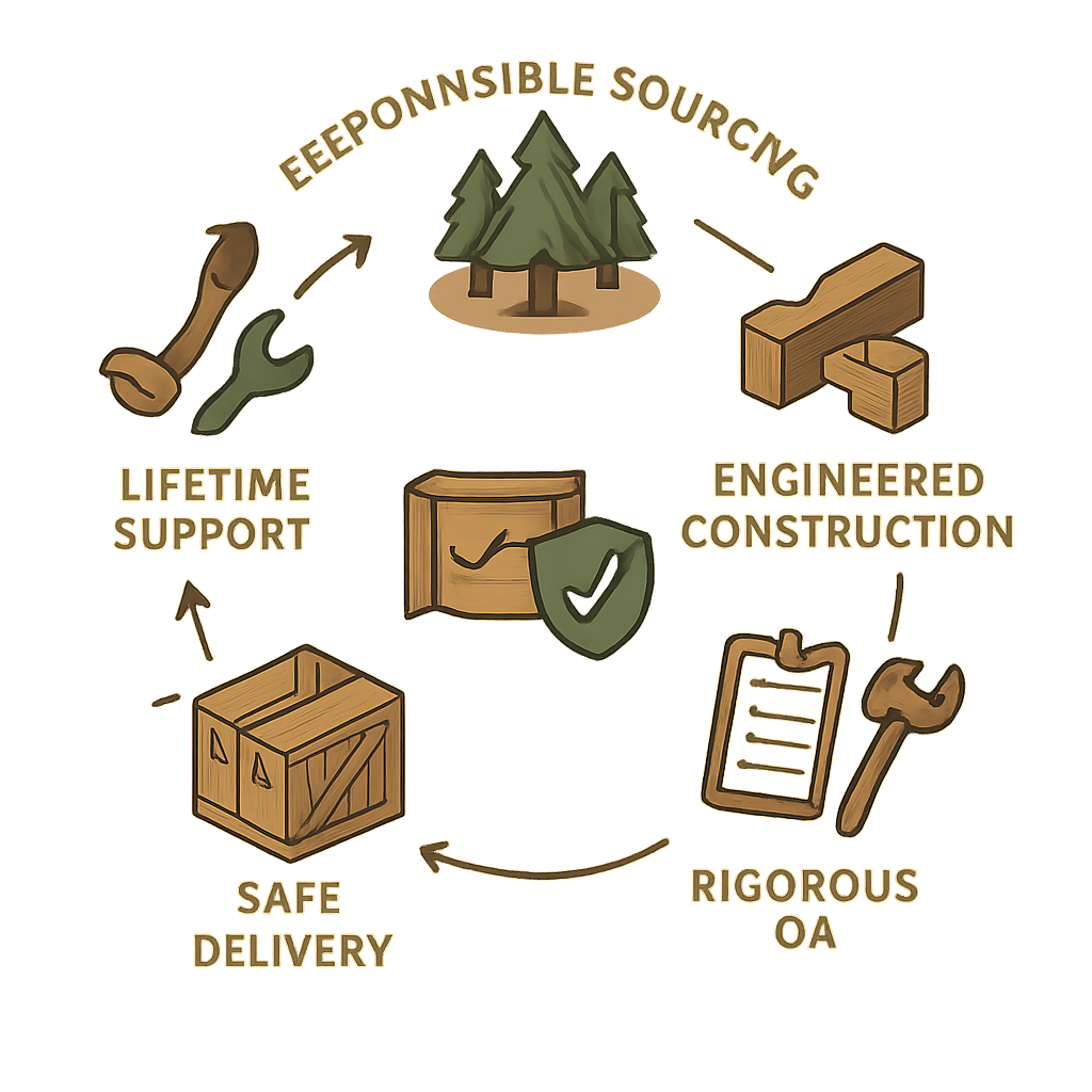 The Designed to Stay Lifecycle Loop Circular infographic of Bravewood’s Designed to Stay lifecycle: responsible sourcing, engineered construction, repairable finishes, rigorous QA, safe delivery, and lifetime support.