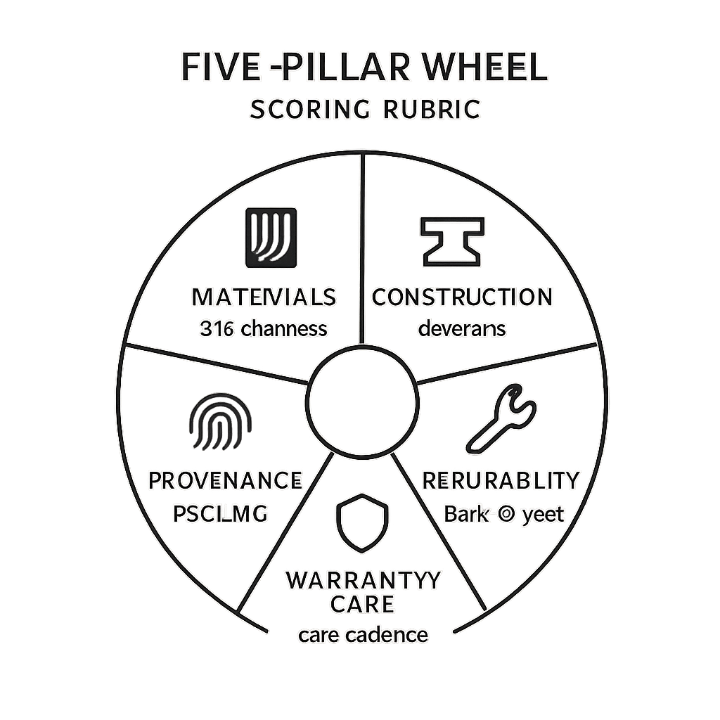The Heirloom Readiness Standard at a Glance Infographic of the Heirloom Readiness Standard with five pillars—Materials, Construction, Repairability, Provenance, Warranty/Care.