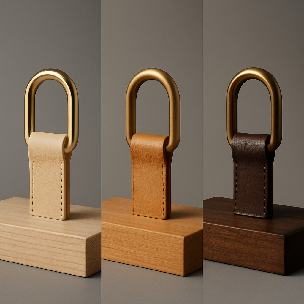 Patina journey timeline for brass, leather, and hardwood from week 1 to year 5