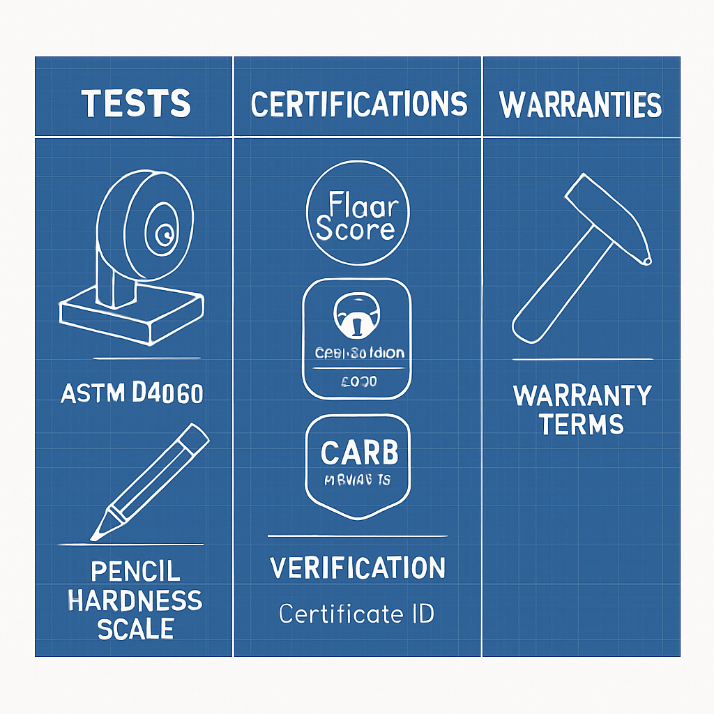 Infographic of the durability proof stack: tests (Taber abrasion, pencil hardness, impact), certifications (FloorScore, GREENGUARD Gold, CARB Phase II), and warranty terms.