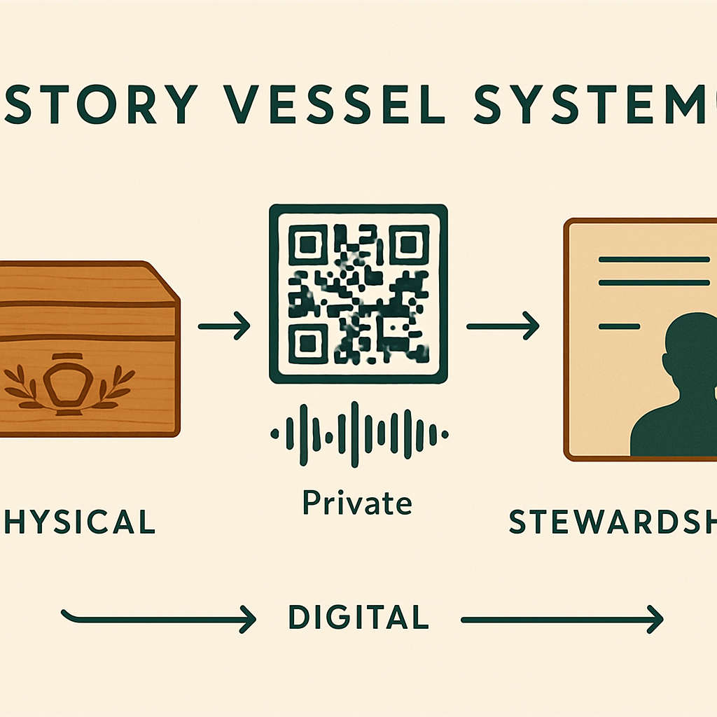 The Story Vessel System Infographic showing the Story Vessel System linking a physical engraved box, private QR-linked audio with cloud backups, and an heir handoff document.