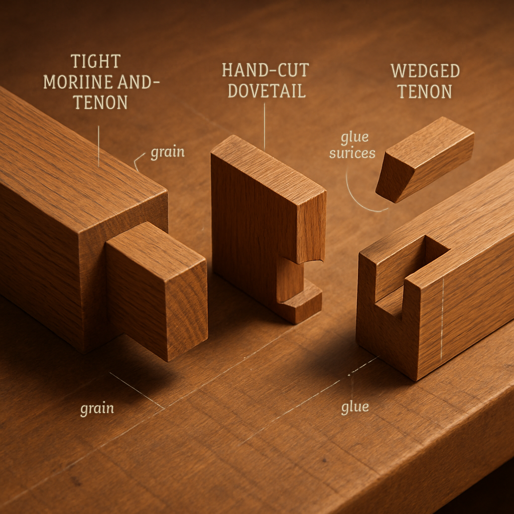 Macro cutaway of mortise-and-tenon, hand-cut dovetail, and wedged tenon with grain direction and glue-surface annotations.