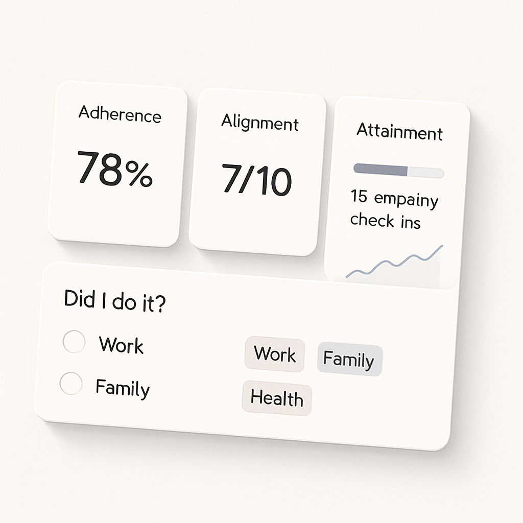 Values Alignment Dashboard mockup displaying Adherence 78%, Alignment 7/10, Attainment progress with weekly trend and a 'Did I do it?' checklist.