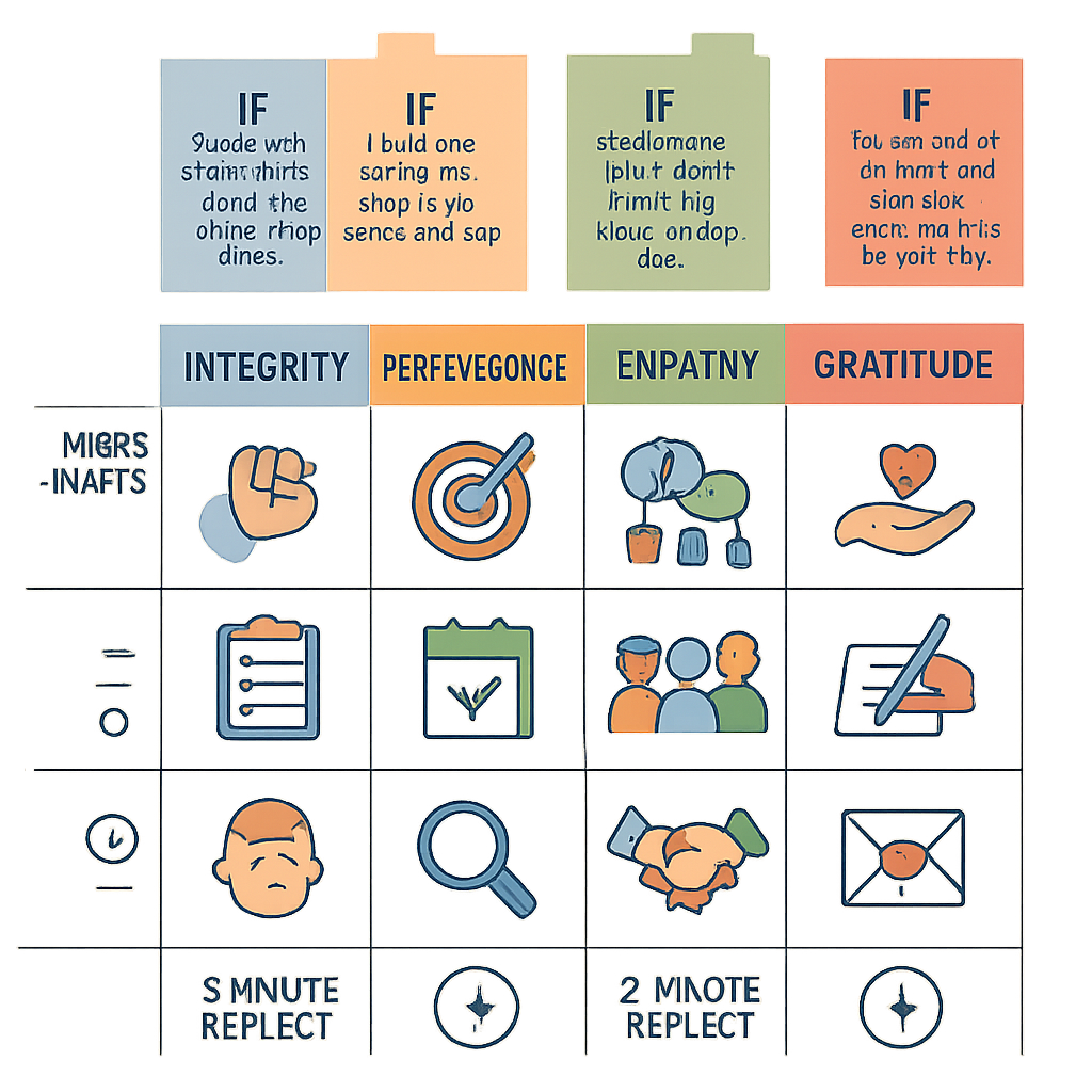 Infographic of the Virtues‑to‑Habits Matrix with columns for Integrity, Perseverance, Empathy, and Gratitude, rows for micro‑habits and a 2‑minute reflection with if–then plan callouts.