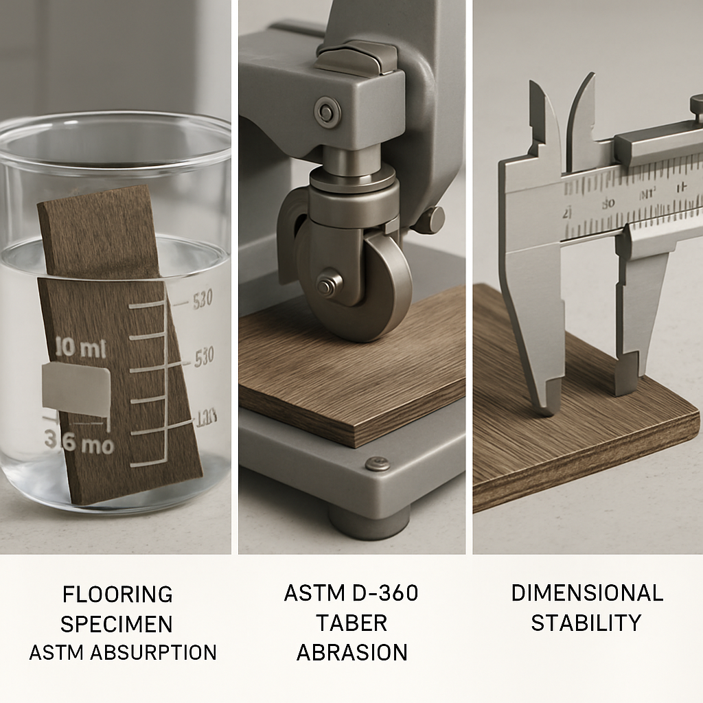 Waterproof Claims, Tested: D570, D4060, Stability Lab vignettes showing ASTM D570 water absorption, ASTM D4060 abrasion, and dimensional stability measurements for waterproof flooring