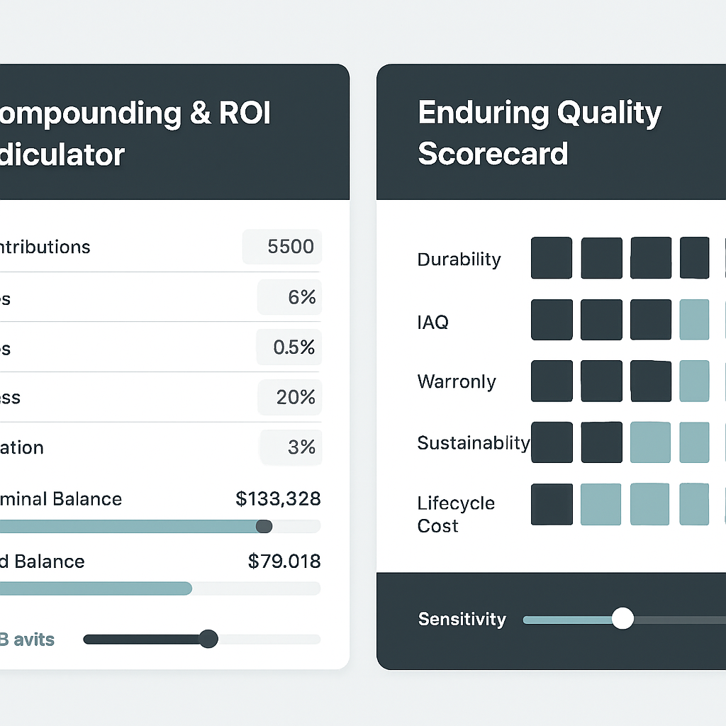 Your Long‑Term Value Toolkit UI mockups of a Compounding & ROI Calculator and an Enduring Quality Scorecard rating durability, IAQ, warranty, sustainability, and lifecycle cost