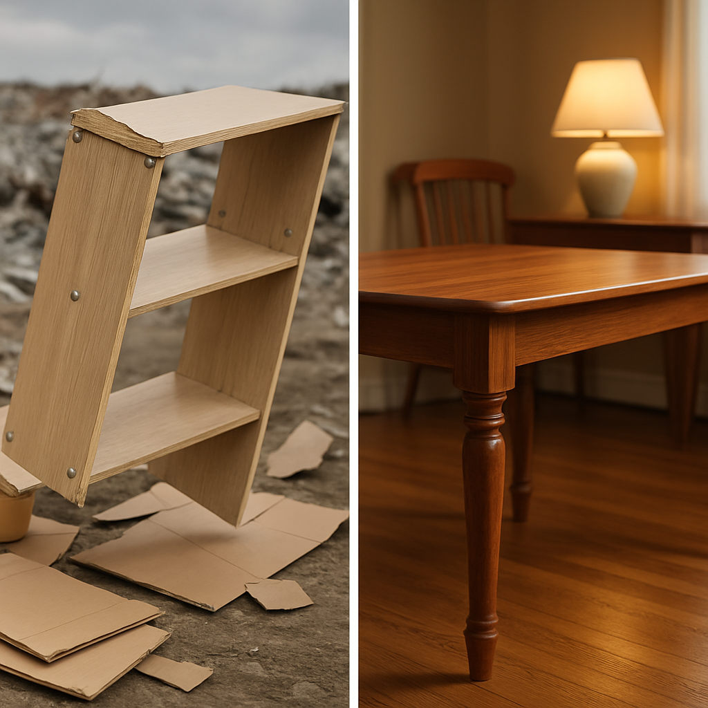 A dynamic split image contrasting two furniture scenarios. On the left, a flimsy, mass-produced particleboard bookshelf or coffee table, wobbling and showing signs of wear (peeling veneer, loose screws), surrounded by discarded packaging and a blurred landfill background. On the right, a sturdy, elegant solid hardwood dining table, beautifully crafted, with a warm glow, set in a timeless, inviting home environment, suggesting generations of use and durability.