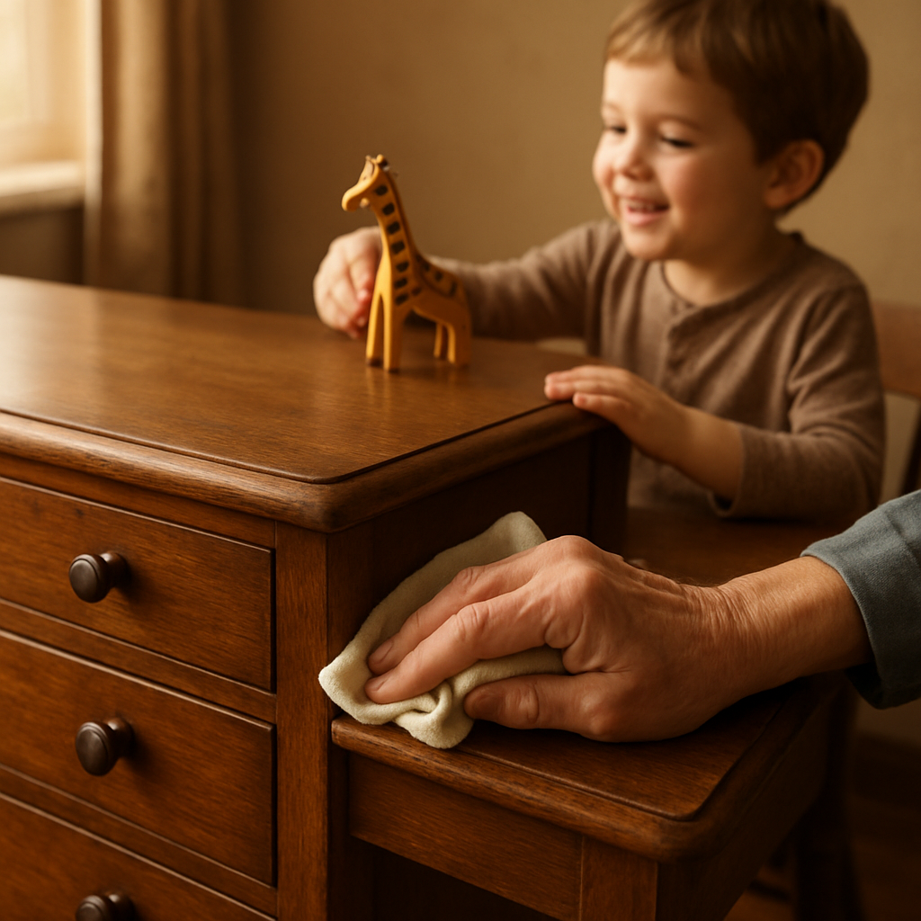 A warm, nostalgic, multi-generational scene centered around a single, well-maintained heirloom piece, such as a solid wood chest of drawers or a sturdy dining table. In the foreground, an older hand gently polishes the wood surface, showing care and attention. In the background, a child or grandchild interacts playfully with the same piece (e.g., placing a toy on the chest, drawing at the table). The furniture piece should show a slight patina of age but be clearly loved and cared for, symbolizing continuity and family legacy.