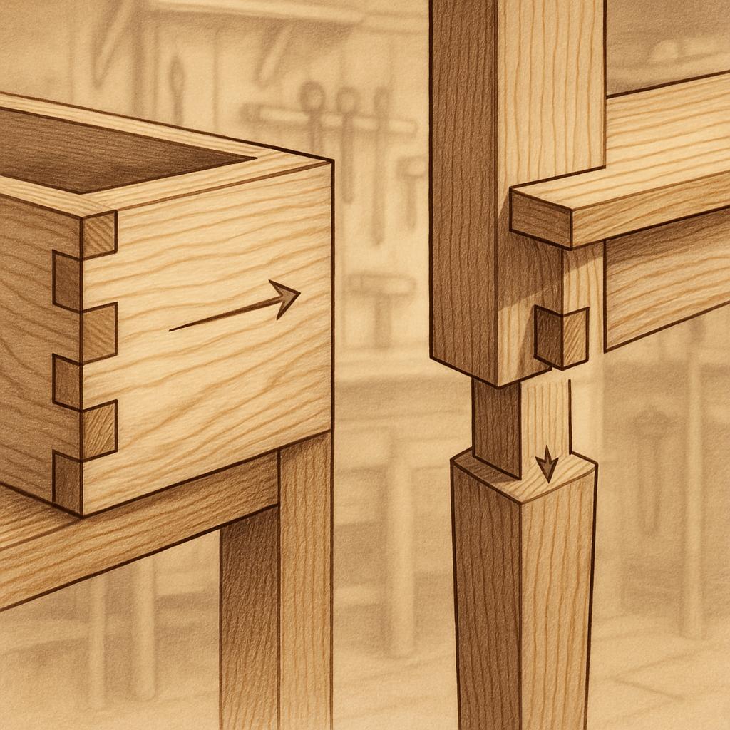 A detailed, close-up illustration showcasing two key traditional woodworking joints: a dovetail joint clearly visible on the corner of a high-quality wooden drawer, and a mortise-and-tenon joint connecting a table leg to an apron. The wood grain should be prominent and natural, with subtle lines or arrows highlighting how the pieces interlock for strength. The background should be a softly blurred craftsman's workshop with tools.