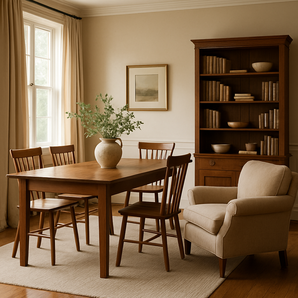 An inviting and elegantly furnished living room or dining room featuring several classic, timeless heirloom furniture pieces (e.g., a solid wood dining table, a comfortable armchair, a versatile bookcase). The room should exhibit clean lines, balanced proportions, and authentic materials, blending seamlessly with a modern yet warm and sophisticated aesthetic. Natural light streams in through a window, highlighting the rich textures of the wood and fabrics.