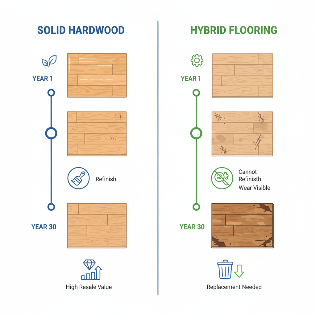 A visual timeline or infographic comparing the 30-year lifecycle of solid hardwood and hybrid flooring. Left Side (Solid Hardwood): A timeline showing a beautiful floor at Year 1, then at Year 15 with some wear but a 'Refinish' icon, and at Year 30 still looking good with a 'High Resale Value' icon. Right Side (Hybrid Hardwood): A parallel timeline showing a beautiful floor at Year 1, then at Year 15 with 'Wear Visible' and 'Cannot Refinish' icons, and at Year 30 with a 'Replacement Needed' icon. Use clear, distinct icons and a clean, infographic style with a professional color scheme.