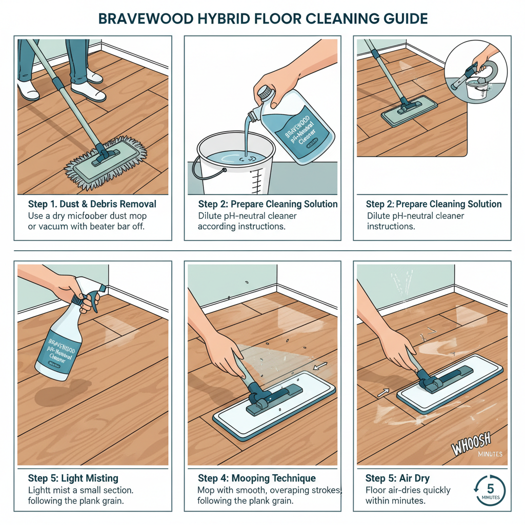 Sequential illustration of 5 steps to clean Bravewood hybrid floors: dry dust/vacuum, prepare solution, lightly mist, mop with grain, air dry.