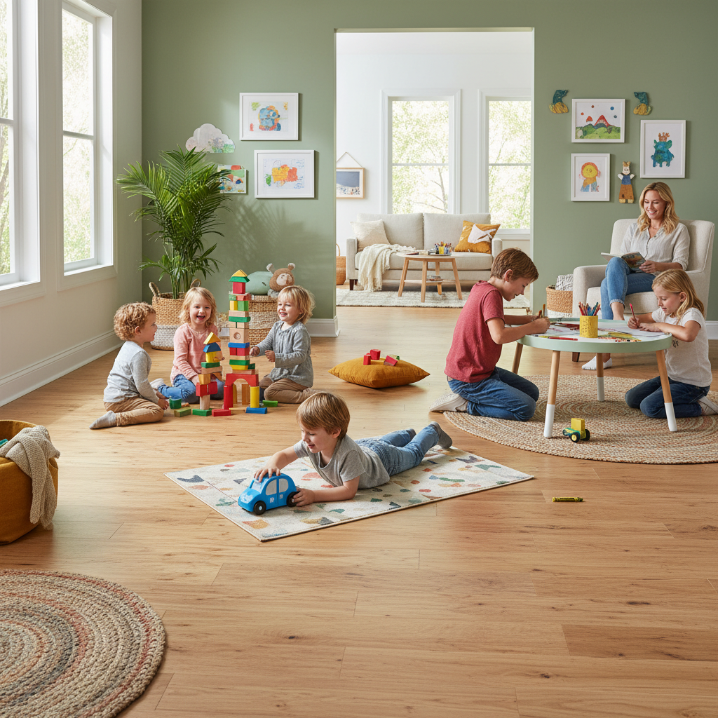A warm, inviting, and vibrant photorealistic scene of a modern playroom. Children of various ages are happily engaged in active play (e.g., building blocks, rolling a toy car, drawing) on a beautiful, natural-looking Bravewood hybrid hardwood floor. The floor appears durable, scratch-resistant, and aesthetically pleasing, blending seamlessly with high-end interior design. A relaxed parent is observing from a comfortable armchair in the background, smiling. The room is well-lit, showcasing the floor's texture and sheen.