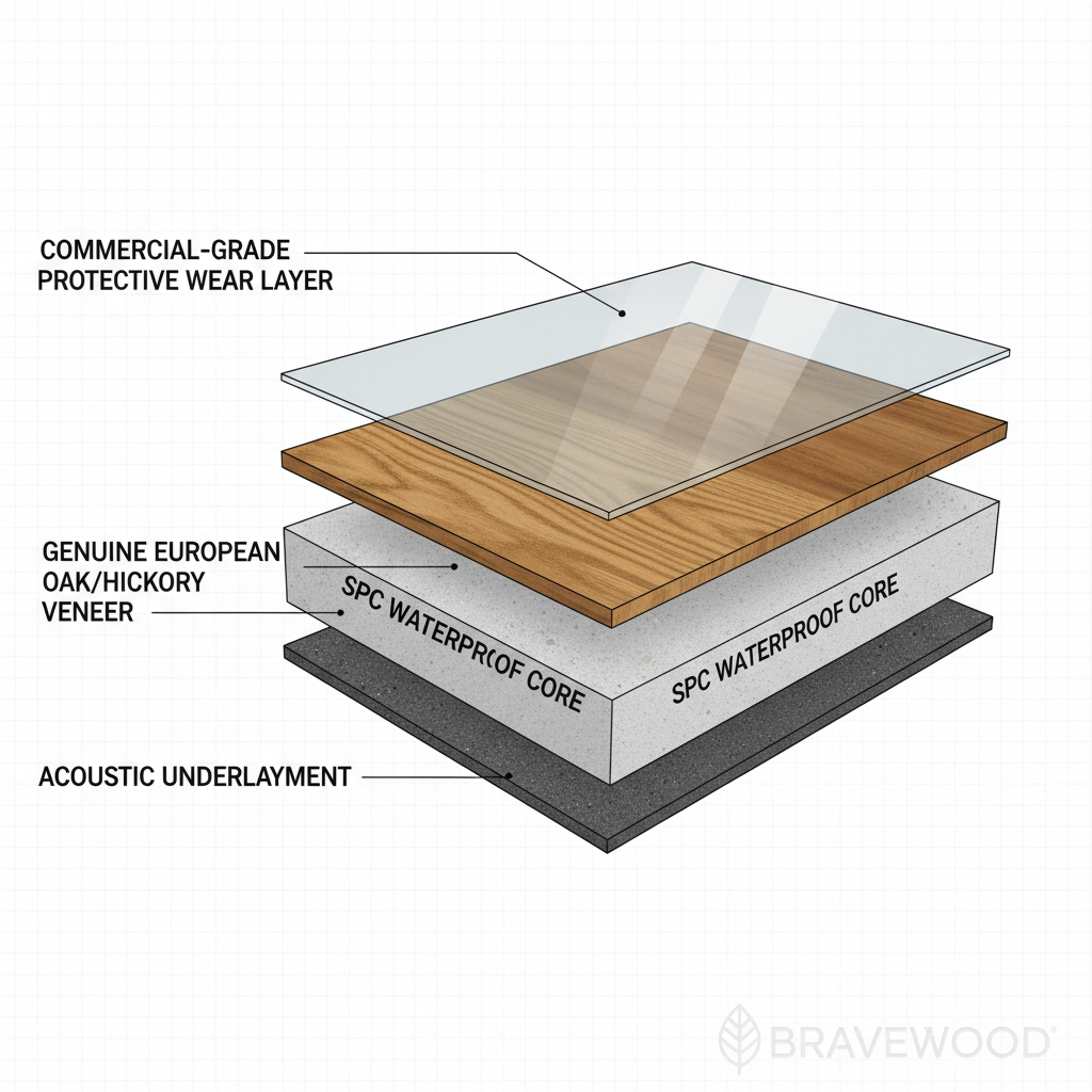 A detailed, cutaway diagram illustrating the cross-section of Bravewood hybrid hardwood flooring with layers labeled: acoustic underlayment, rigid SPC waterproof core, genuine wood veneer, and protective wear layer.