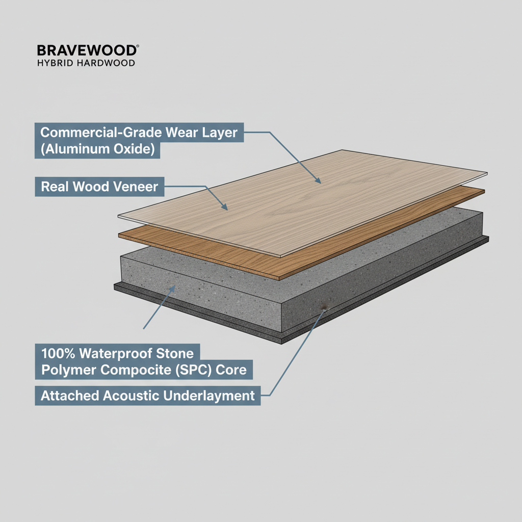 A detailed, architectural cross-section diagram of a Bravewood Hybrid Hardwood plank. Clearly label each layer: 'Commercial-Grade Wear Layer (Aluminum Oxide)', 'Real Wood Veneer', '100% Waterproof Stone Polymer Composite (SPC) Core', and 'Attached Acoustic Underlayment'. The diagram should be clean, modern, and informative, with a slight 3D effect to show depth.
