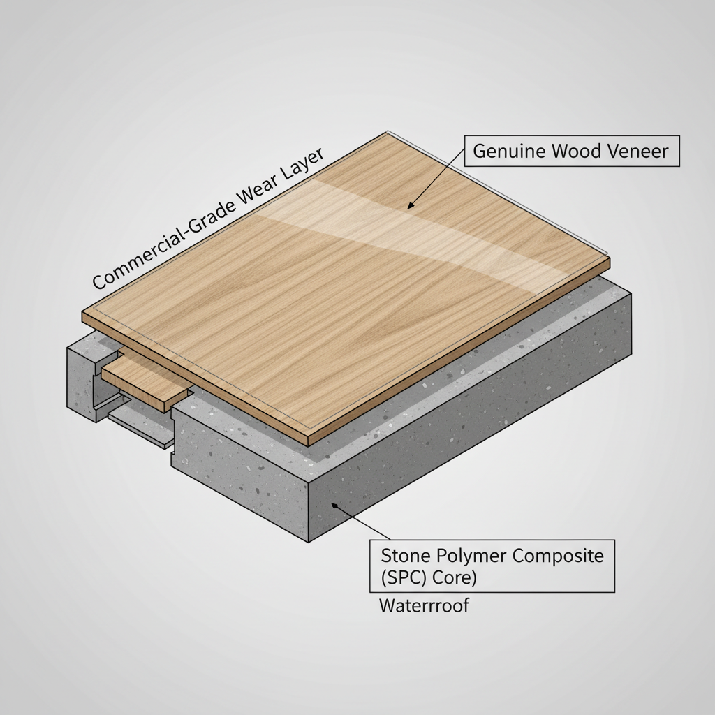 Detailed cutaway diagram of a Bravewood hybrid hardwood plank, showing layers like genuine wood veneer, wear layer, and the waterproof Stone Polymer Composite (SPC) core with click-lock mechanism.